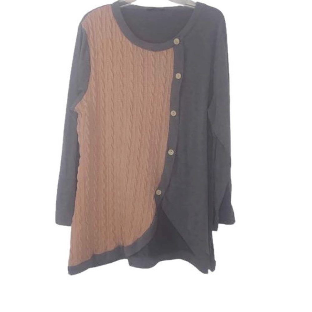 Loveu Dear Mixed Media  Pink Gray Button Detail Knit Tunic
